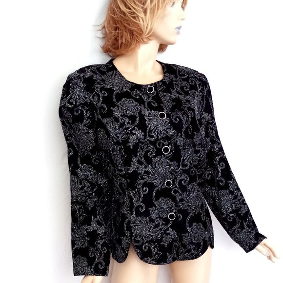 R&K EVENING Missy 18 Black Velvet With Silver Sparkle Button Down Evening Jacket - Picture 3 of 5